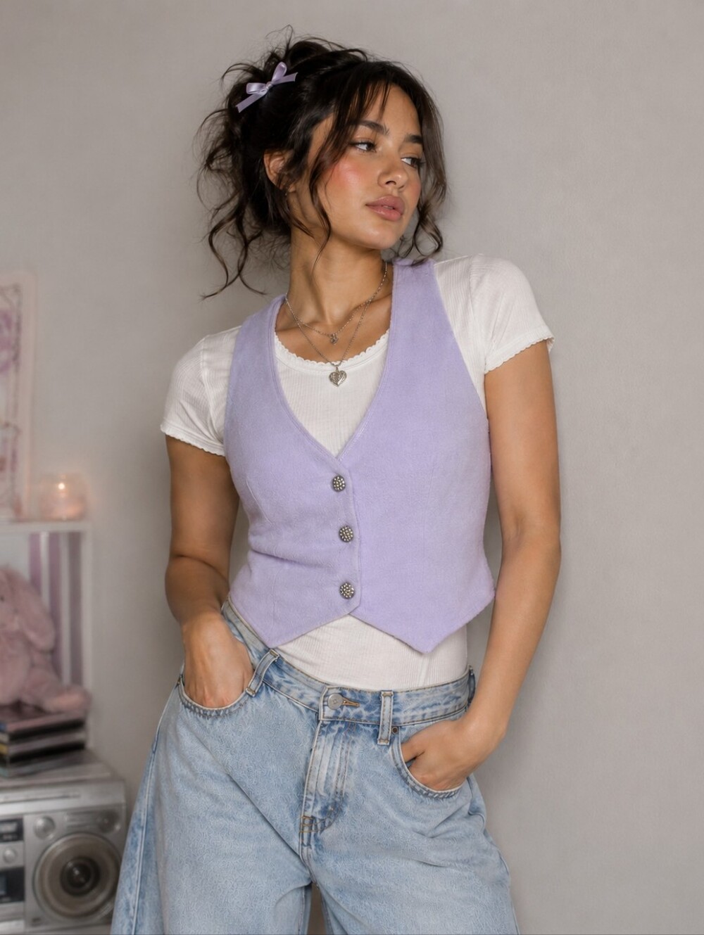 Lilac Fuzzy Sweater Vest Soft Girl Y2K Button Front Size Large